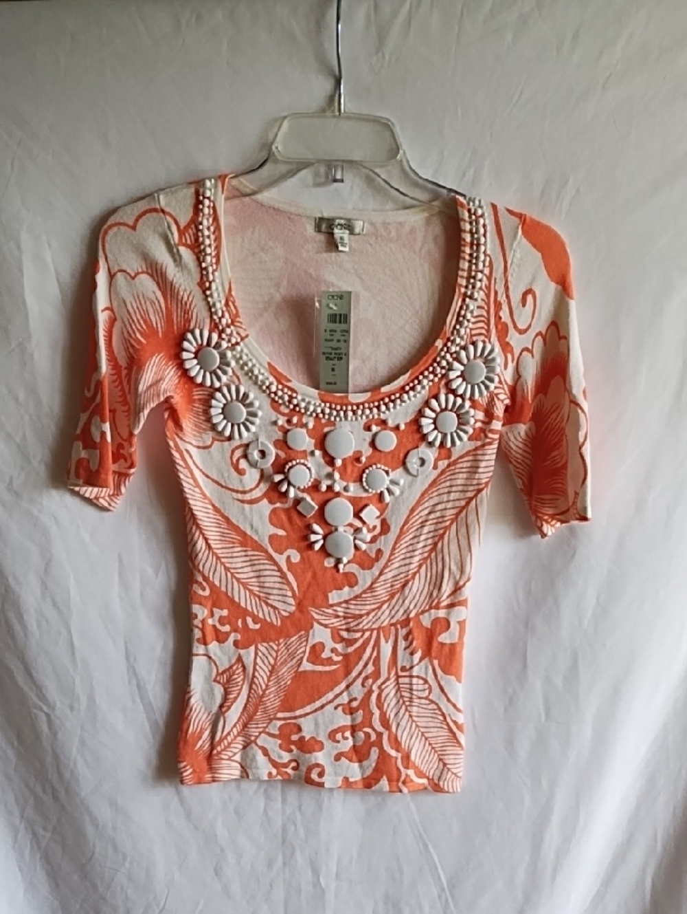 Cache Coral and White Embellished Scoop Neck Short Sleeve Top